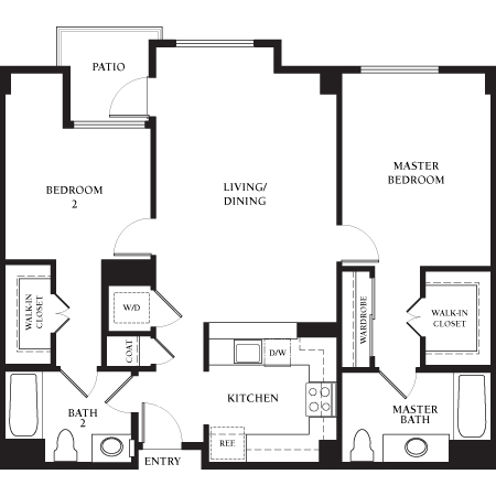 Potrero - 2 Bedroom 2 Bath Floor Plan Layout - 1113 Square Feet