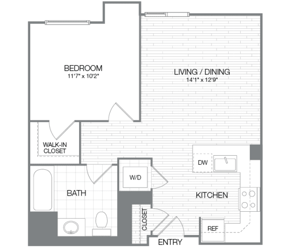 Floor Plan  Taft - 1 Bedroom 1 Bath Floor Plan Layout - 634 Square Feet