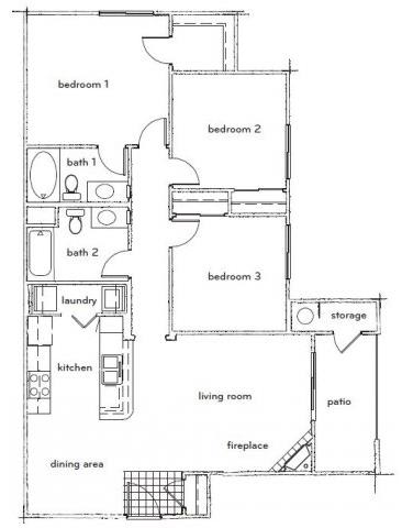 The Durant 3 Bed 2 Bath Floorplan at Sterling Village Apartments