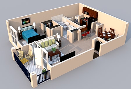 3-D Floor Plan 1 bedroom 1 bath 3-D Floor Plan 1 bedroom 1 bath at Centerville Manor Apartments, Virginia Beach, 23464