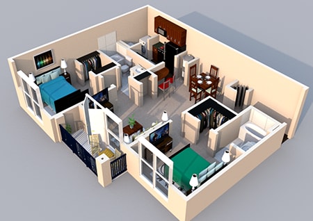 3-D Floor Plan 2 bedroom 2 bath 3-D Floor Plan 2 bedroom 2 bath at Centerville Manor Apartments, Virginia Beach