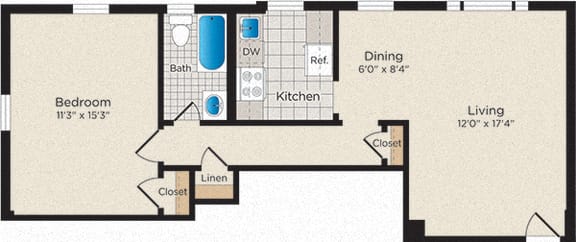Floor Plan 1 Bedroom - 1 Bath | North