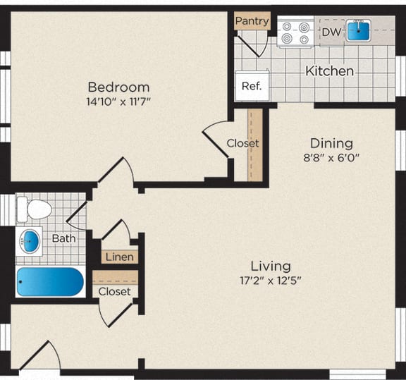 Floor Plan  1 Bedroom - 1 Bath | West
