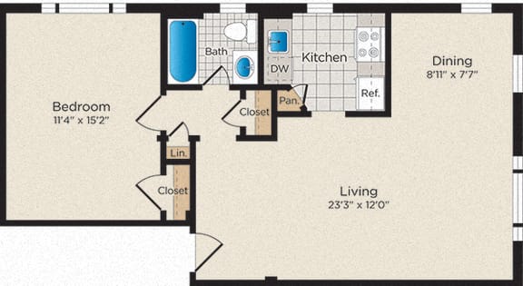 Floor Plan 1 Bedroom - 1 Bath | West