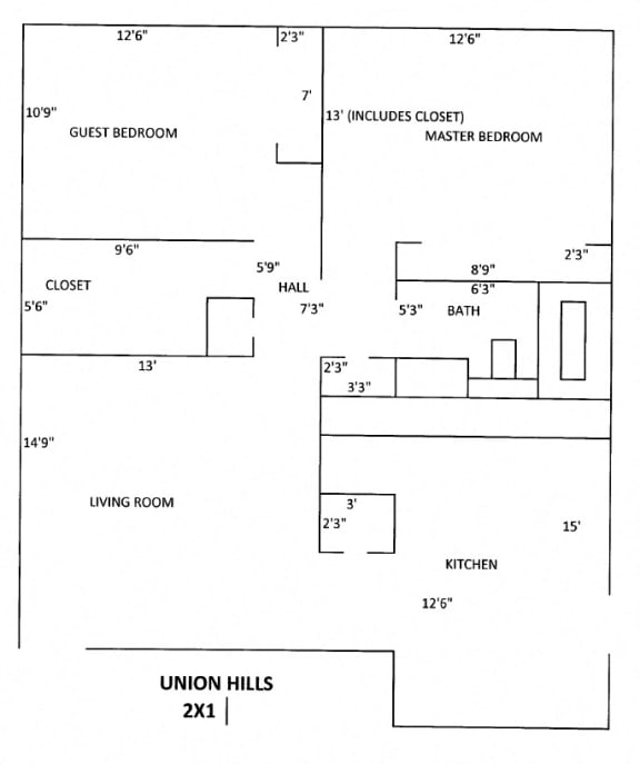 UnionHill Floor Plan 2 bed 1 bath