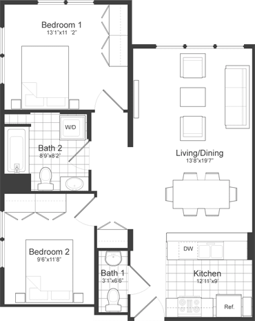 2 Bedroom 1.5 Bathroom Floor Plan at Park87, Cambridge, MA