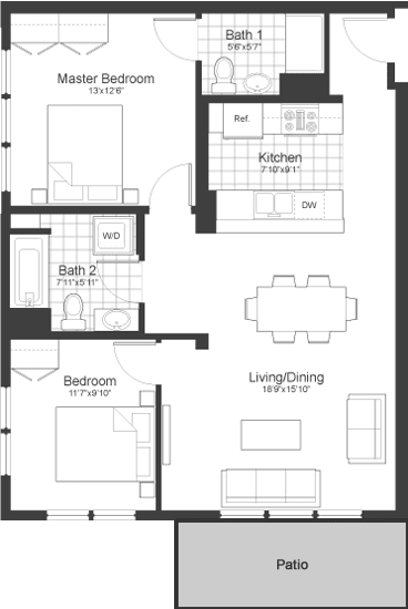2 Bedroom 2 Bathroom Floor Plan at Park87, Cambridge, 02138