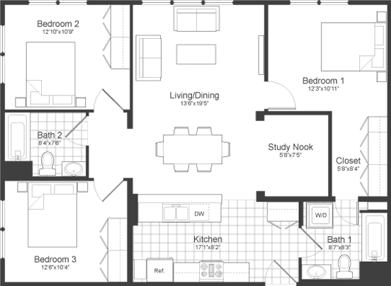 3 Bedroom Plus Floor Plan at Park87, Cambridge