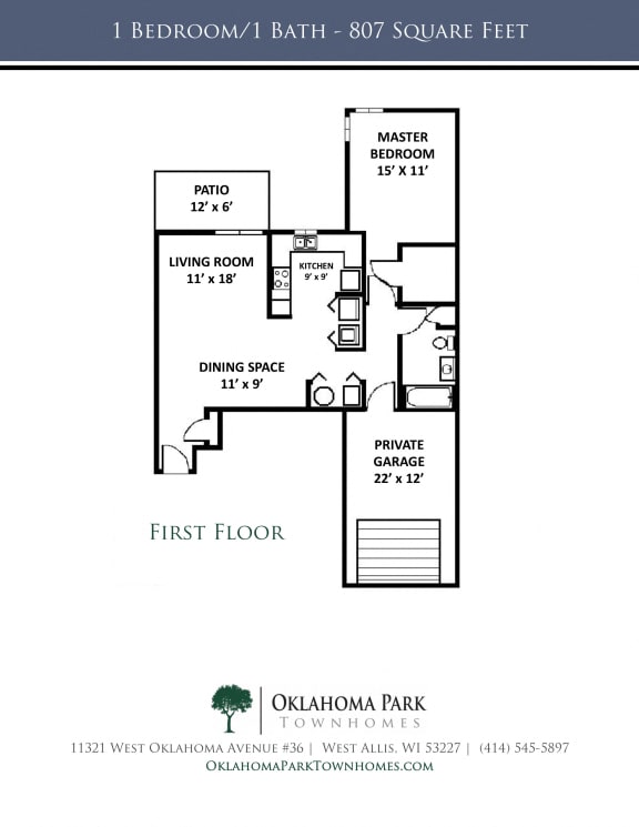 Floor Plan  1 Bedroom, 1 Bath Lower Townhome Floorplan at Oklahoma Park Townhomes