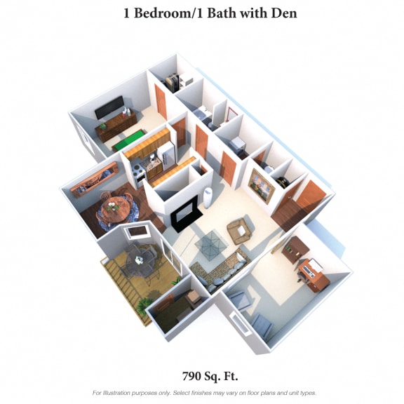 Floor Plan  The Morning Dove: One Bedroom One Bath w/ Den - 790SqFt