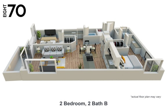 2 Bedroom, 2 Bath Floor Plan at eight70 Apartments.
