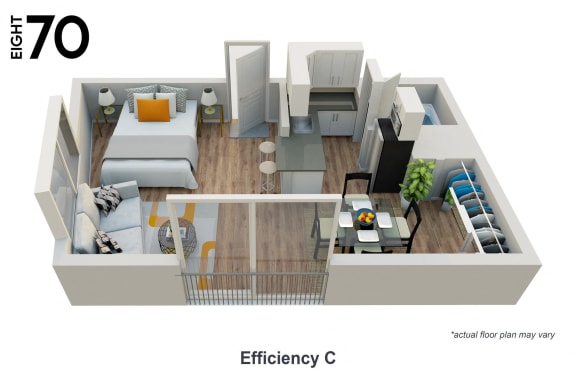 Efficiency Apartment Floor Plan at 870 Hilgard in Westwood Village