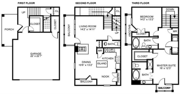 2x2.5 B2 Floor Plan at Estancia Townhomes, Dallas, 75248