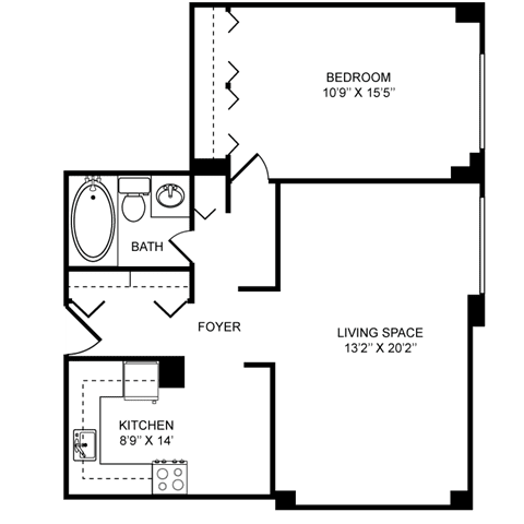 1x1C Floor Plan at Towne House, St. Louis, 63108