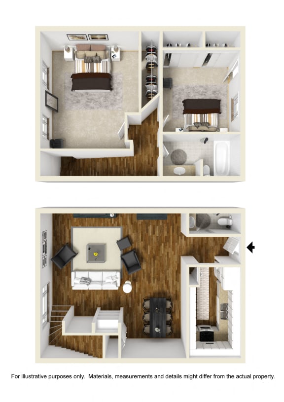 2 Bed Townhome Floor Plan at Town Center Apartments, Burbank, California