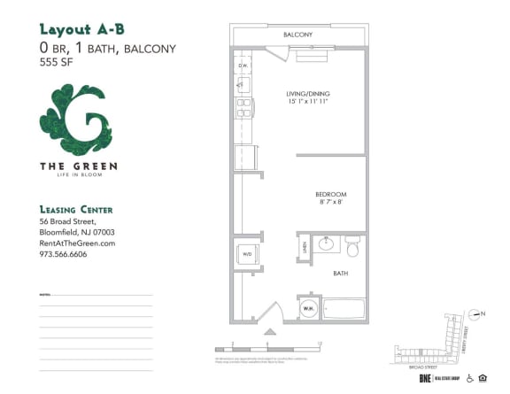 0 Bed 1 Bath Floor Plan at The Green at Bloomfield, Bloomfield, 07003