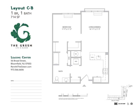 Layout C-B 1 Bed 1 Bath Floor Plan at The Green at Bloomfield, Bloomfield, New Jersey