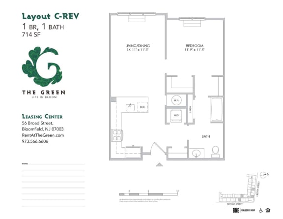 Layout C-Rev 1 Bed 1 Bath Floor Plan at The Green at Bloomfield, Bloomfield, NJ