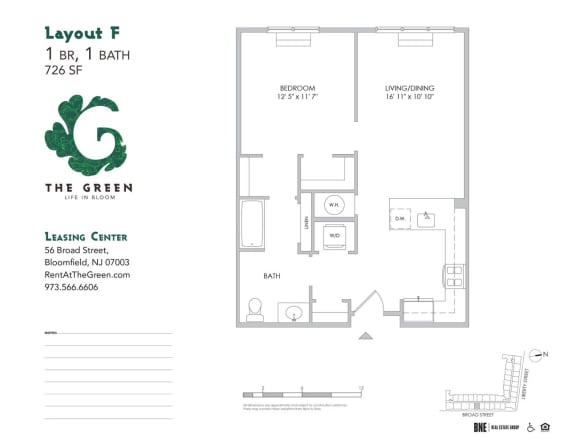 Layout F 1 Bed 1 Bath Floor Plan at The Green at Bloomfield, Bloomfield, NJ, 07003