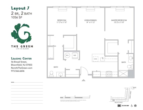 2 Bed 2 Bath Floor Plan at The Green at Bloomfield, Bloomfield, NJ, 07003