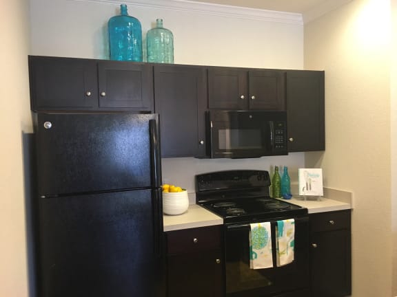 Updated Kitchen With Black Appliances at CLEAR Property Management , The Lookout at Comanche Hill, San Antonio, 78247