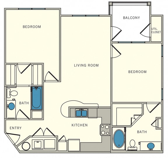 Floor Plan  2 Bedroom Floor Plan, The Lookout at Comanche Hill | Unit B2 - two bed, two bath