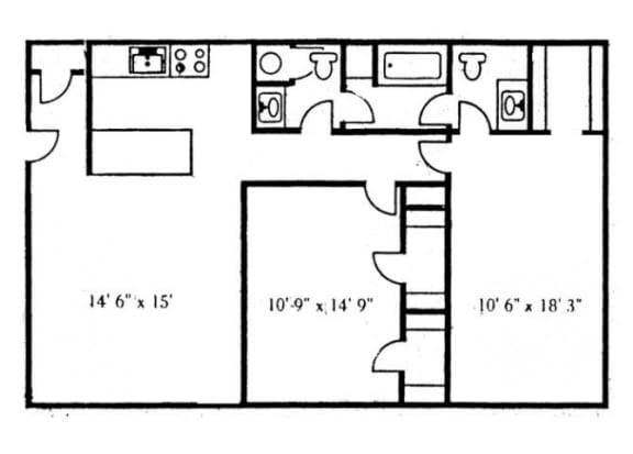 2 Bedroom Flat Floor Plan at Brookside Apartments, Hewitt, TX