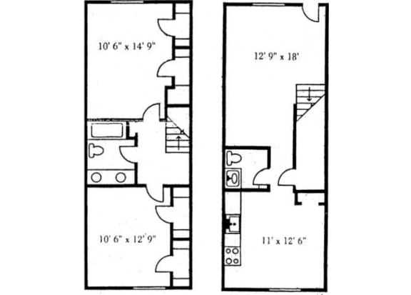 Floor Plan  2 Bedroom Townhome Floor Plan at Brookside Apartments, Hewitt, 76643