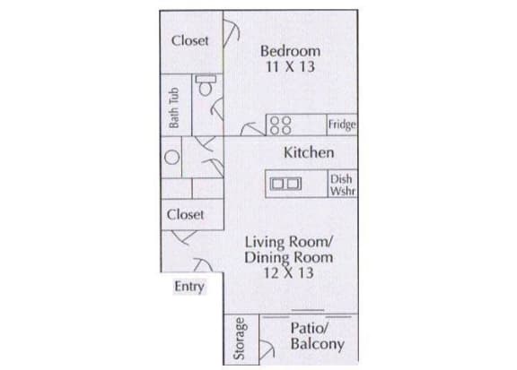1 bedroom 1 bathroom floorplan,at Cambridge Court Apartments, Nacogdoches Texas