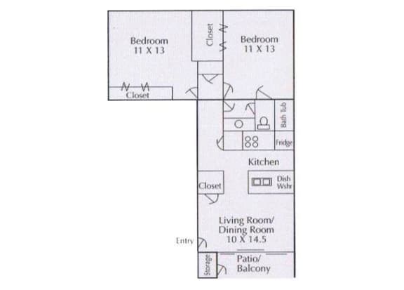 2 bedroom 1 bathroom floorplan,at Cambridge Court Apartments, Nacogdoches