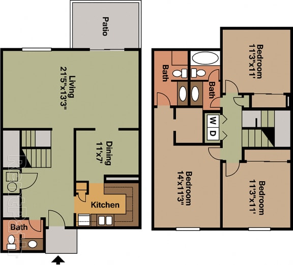 3 BR 2.5 Bath Townhome Floor Plan at Country Lake Townhomes, Indiana, 46229