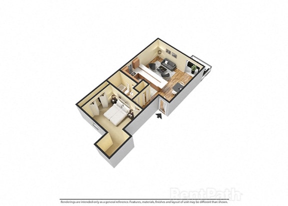 1 Bedroom, 1 Bathroom 3D View Floor Plan at Sandstone Court Apartments, Greenwood, IN, 46142