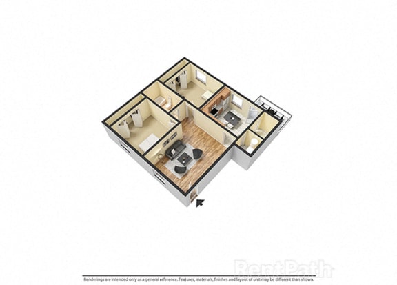 2 Bedroom 1 Bathroom 3D Spacious Floor plan at Sandstone Court Apartments, Greenwood, 46142