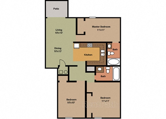 3 Bedroom 2 Bathroom Floor Plan at Sandstone Court Apartments, Greenwood, IN