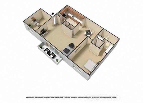 1 Bedroom 1.5 Baths Plus Den 3D Floor Plan at Waterstone Place Apartments, Indianapolis, 46229