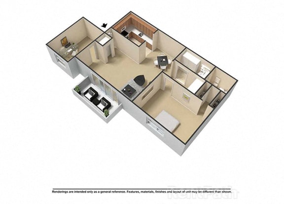 1 Bedroom, 1 Bath Plus Den 3D Floor Plan at Waterstone Place Apartments, Indianapolis
