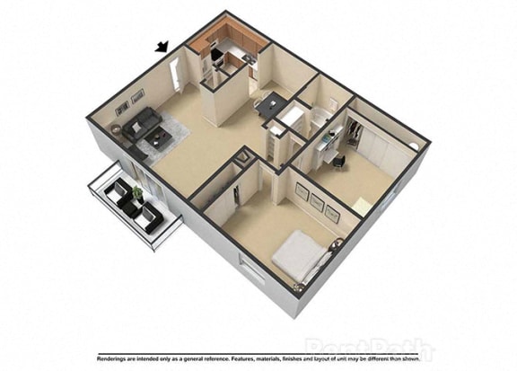2 Bedroom 1 Bath 3D Floor Plan at Waterstone Place Apartments, Indiana, 46229