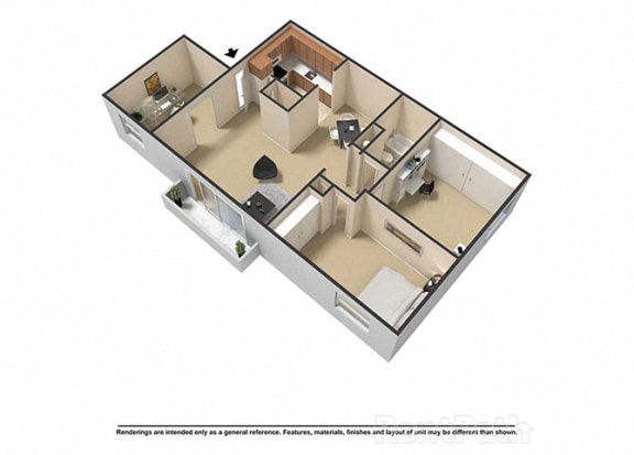 2 Bedroom 1 Bath Plus Den 3D Floor Plan at Waterstone Place Apartments, Indianapolis, IN, 46229