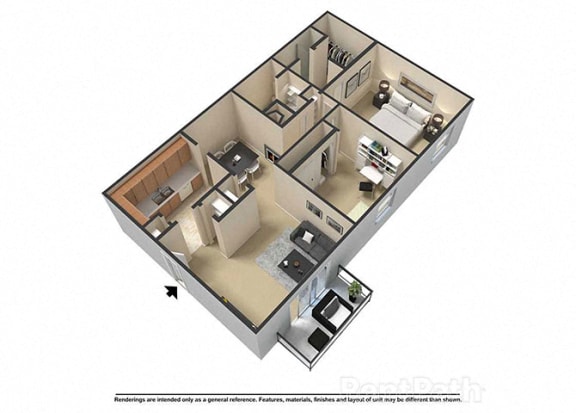 2 Bedroom 2 Bath 3D Floor Plan at Waterstone Place Apartments, Indianapolis, IN