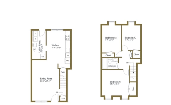 3 bedroom 1 bathroom floor plan inside unit at Kingston Townhomes in Essex, MD