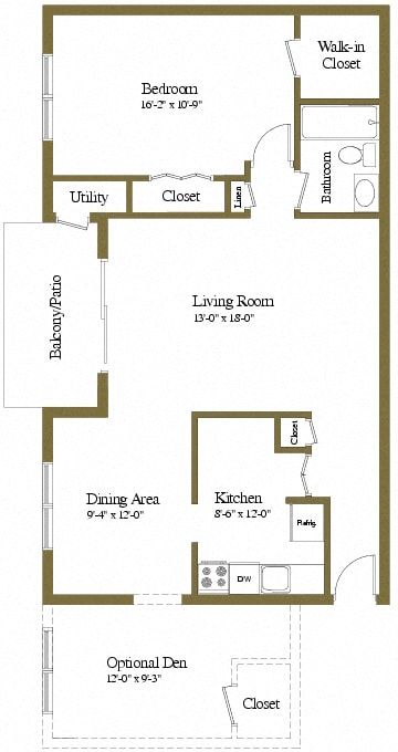 1 bedroom 1 bathroom with den floor plan at McDonogh Village Apartments in