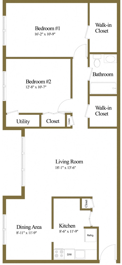 2 bedroom 1 bathroom with den floor plan at McDonogh Village Apartments in Randallstown MD