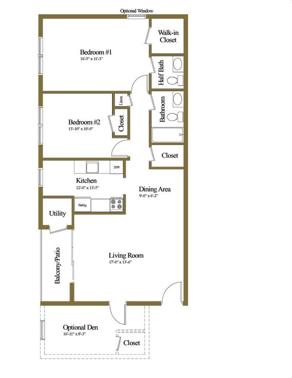 2 bedroom 1.5 bathroom floor plan at Seminary Roundtop Apartments in Towson MD