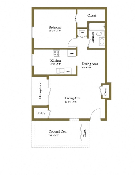 1 bedroom 1 bathroom with den floor plan at Spring Hill Apartments in Parkville, MD