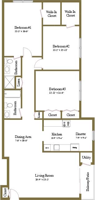 3 bedroom 2 bathroom floor plan at Woodridge Apartments in Randallstown, Maryland