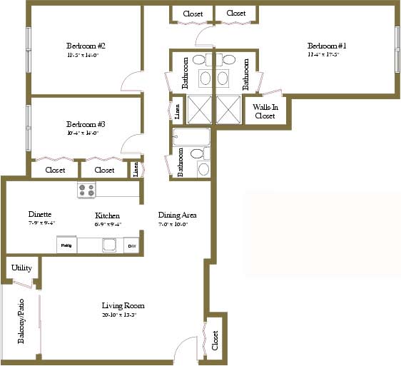 3 bedroom 3 bathroom floor plan at Woodridge Apartments in Randallstown, Maryland