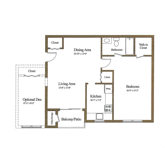 1 bedroom 1 bathroom floor plan at Woodsdale Apartments in Abingdon, MD