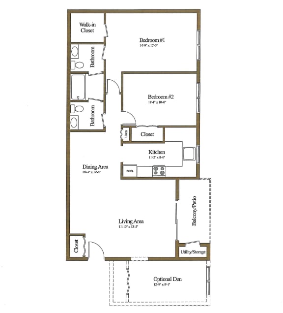 Floor plan 2 bedroom 1 bathroom with optional den a floor plan at Woodsdale Apartments in Abingdon, MD