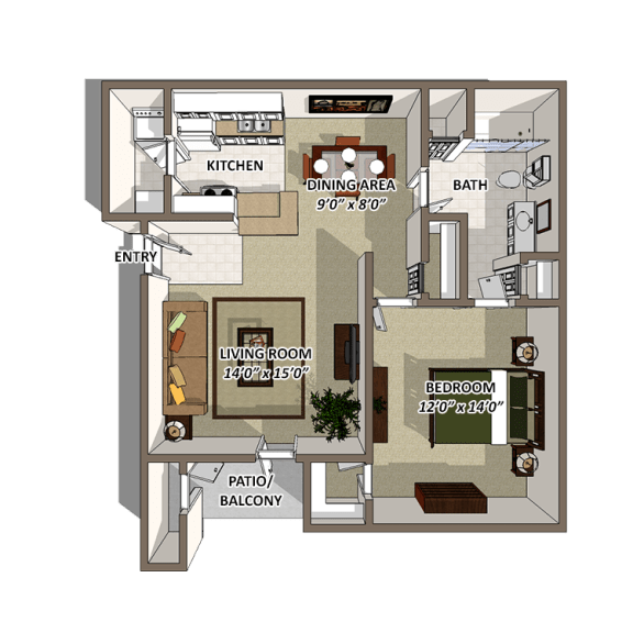 One Bedroom Floor Plan at The Resort At Lake Crossing Apartments, PRG Real Estate, Lexington, Kentucky