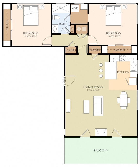 2 Bedroom 1 Bath Floor Plan 950 to 1,050 Sq.Ft. at Los Altos Court, California